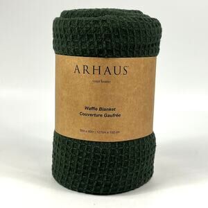 Arhaus Waffle Knit Throw Blanket Farmhouse NWT 100% Cotton Dark Green 50"x 60"